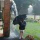 閲覧注意の衝撃映像！ 滝のように流れる雨水を傘で受け止めていると……まさか…！？